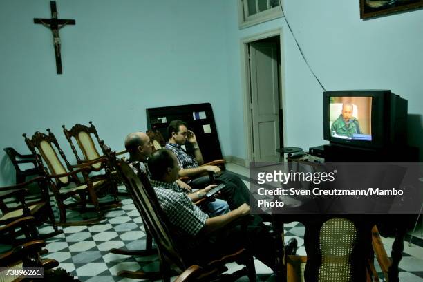 Seminarians watch Fidel Castro in the Cuban National TV News in the San Carlos y San Ambrosio Seminary April 12, 2005 in Havana, Cuba.