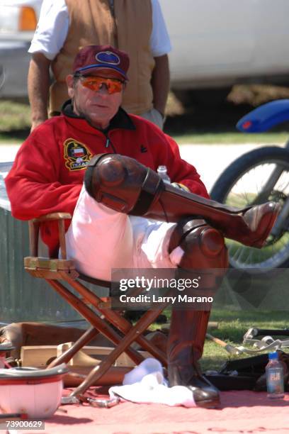 Actor Tommy Lee Jones sits during a competition with his Polo Team San Saba in the Stanford U.S. Open at International Polo Club Palm Beach April 16,...