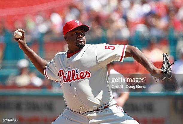 Antonio Alfonseca of the Philadelphia Phillies delivers the pitch during the game against the Florida Marlins at Dolphin Stadium on April 8, 2007 in...