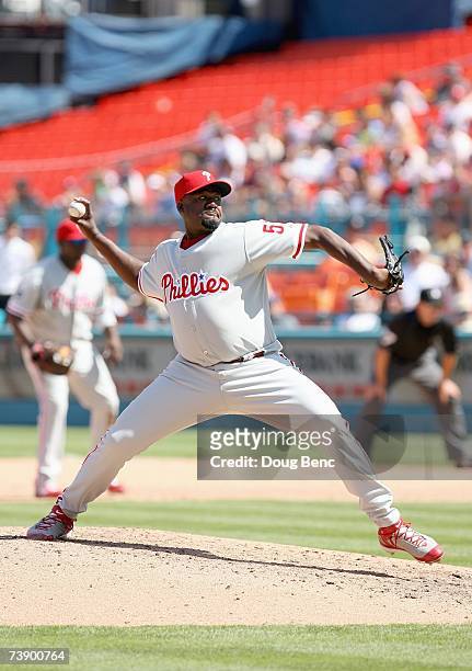 Antonio Alfonseca of the Philadelphia Phillies delivers the pitch during the game against the Florida Marlins at Dolphin Stadium on April 8, 2007 in...