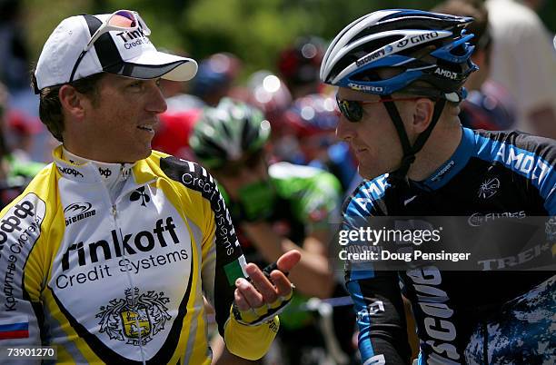 Tyler Hamilton of the U.S. Riding for Tinkoff Credit Systems and Levi Leipheimer of the U.S. Riding for the Discovery Channel Pro Cycling Team chat...