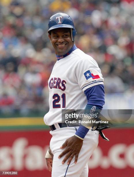 Sammy Sosa of the Texas Rangers smiles on firstbase during the opening day game against the Boston Red Sox on April 6, 2007 at Rangers Ballpark in...