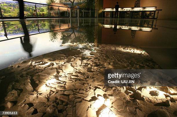 Visitors admire the excavation site at the newly opened Jinsha Museum in Chengdu, southwest China's Sichuan province 16 April 2007. With an...