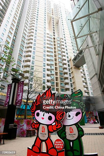 Decorations of Fuwas, mascots of the 2008 Summer Olympic Games, are placed in front of apartment blocks on April 16, 2007 in Wuhan of Hubei Province,...