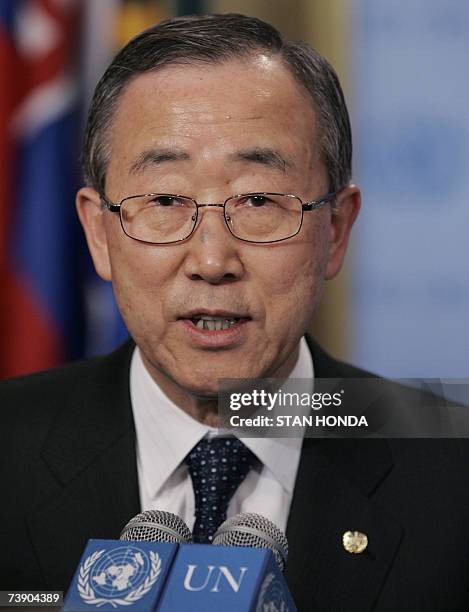 United Nations Secretary General Ban Ki-Moon speaks to the media outside the Security Council, 17 April 2007, at UN headquarters in New York. Ban...