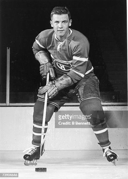 Canadian professional ice hockey player Ralph Backstrom of the Montreal Canadiens poses on the ice for a portrait early in his career, mid 20th...