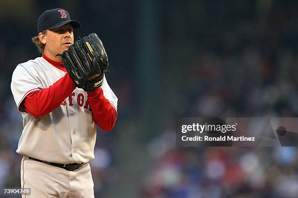 Starting pitcher Curt Schilling of the Boston Red Sox throws against the Texas Rangers at Rangers Ballpark April 8, 2007 in Arlington, Texas.