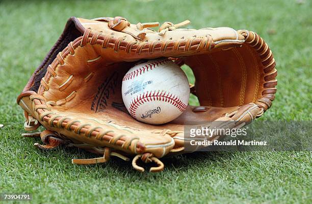 General view of a MLB ball and glove taken before the game between the Boston Red Sox and the Texas Rangers at Rangers Ballpark April 8, 2007 in...