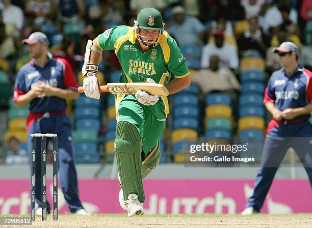 Graeme Smith of South Africa runs a single during during the ICC Cricket World Cup Super Eights match between South Africa and England at the...