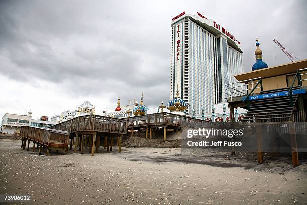 Ramp and stairs end where sand used to be, displaying the extent of beach erosion along the Atlantic City Boardwalk April 17, 2007 in Atlantic City,...