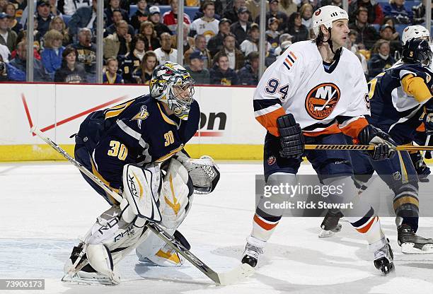 Goaltender Ryan Miller of the Buffalo Sabres tries to get a look at the play around the screen of Ryan Smyth of the New York Islanders during Game 2...