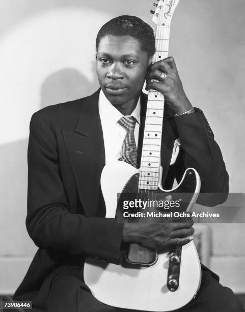 Blues musician BB King poses for a portrait holding a Fender Esquire guitar in 1949 in Memphis, Tennessee.
