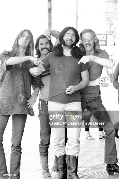 Bob Weir, Bill Kreutzmann, Jerry Garcia, Phil Lesh of the rock and roll group "The Grateful Dead" pose for a portrait session on Portrero Hill in...