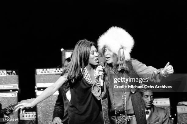 Rock and roll singers Janis Joplin and Tina Turner perform on stage at Madsion Square Garden, New York on November 27, 1969.