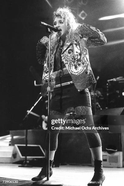 Pop singer Madonna performs onstage at Madison Square Garden in 1984 in New York City, New York.