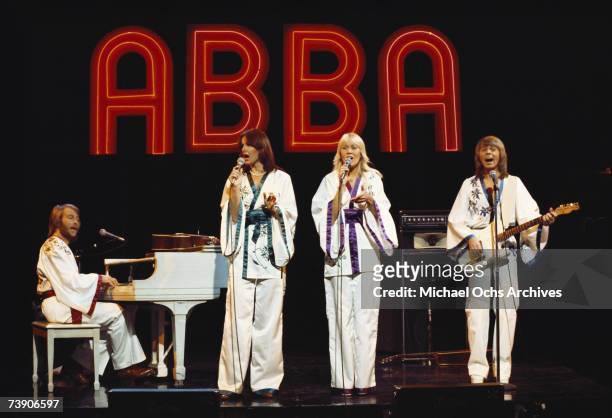 Photo of Abba, October 19 California, Los Angeles, Filmed for Midnight Special TV show AbbaL-R : Benny Andersson, Anni-Frid Lyngstad,Agnetha...