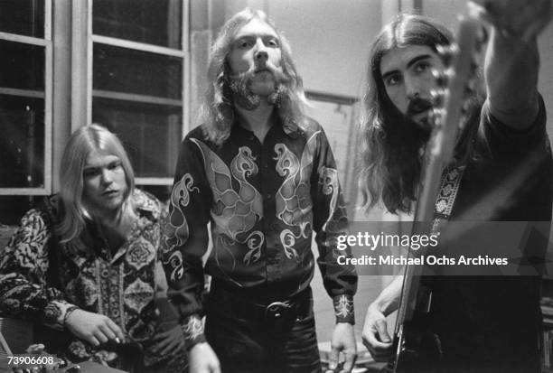 Duane Allman, Greg Allman and Berry Oakley backstage before the Allman Brothers' performance at the Sitar on October 17, 1970 in Spartanburg, South...