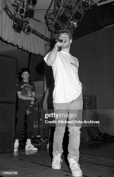 Of the hip hop group the Beastie Boys performs live at the Hollywood Palladium, Hollywood, California, 7th February 1987.