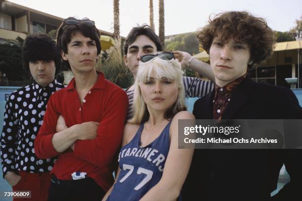 Chris Stein , Jimmy Destri , Debbie Harry , Gary Valentine and Clem Burke of the rock and roll band "Blondie" pose for a portrait session at the Bel...