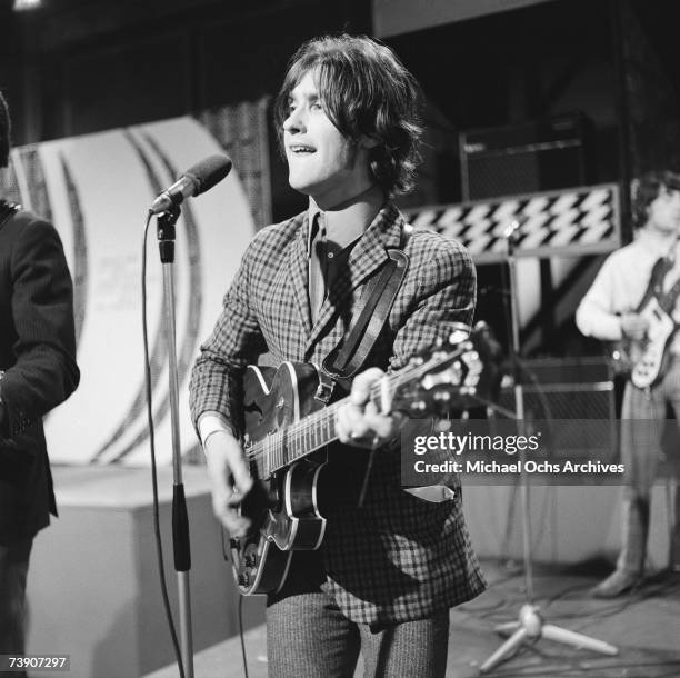 Singer and guitarist Ray Davies of the rock group "The Kinks" performs on the "Ready, Steady, Go" Television show June 24, 1966 in London, England.