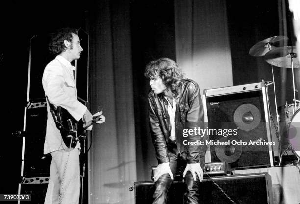 Jim Morrison and Robbie Krieger of The Doors perform during their debut at the Village Theatre, on September 9, 1967 in New York City, NY.