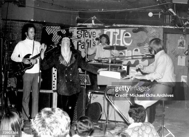 Guitarist Robby Krieger, singer Jim Morrison, drummer John Densmore and keyboardist Ray Manzarek of the rock and roll band "The Doors" perform...