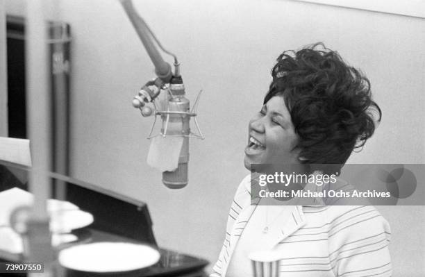 Aretha Franklin sings in the Atlantic Records studio in during "The Weight" recording sesssion on January 9, 1969 in New York City, New York.