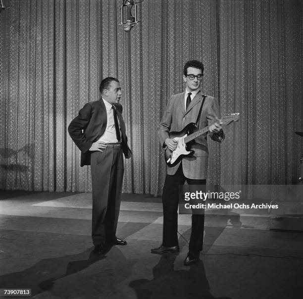Buddy Holly performs on the Ed Sullivan Show at the Ed Sullivan Theatre on January 26, 1958 in New York City, New York.