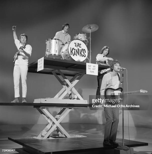 Peter Quaife, Mick Avory, Dave Davies, Ray Davies of the rock group "The Kinks" perform on the "Shindig!" television show on January 20, 1965 in Los...