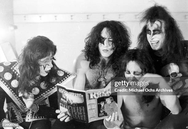 Paul Stanley and Gene Simmons of the rock and roll band 'Kiss' pose for a portrait session backstage on May 31, 1974 in Los Angeles, California.