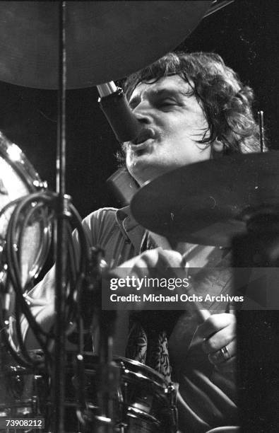 Drummer Richie Hayward of the rock and roll band "Little Feat" performs onstage in July 1974.