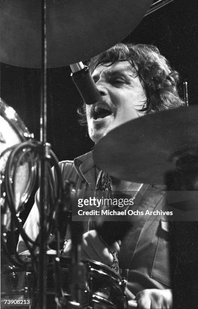 Drummer Richie Hayward of the rock and roll band "Little Feat" performs onstage in July 1974.