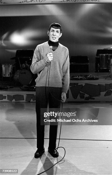 Actor turned singer Leonard Nimoy performs on "The Dick Clark Show" on January 2, 1968 in Los Angeles, California.