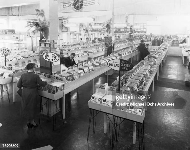 Photo of Record Stores. 1950s image, California, Hollywood, Vine Street, Wallichs Music City, Record store at corner of Sunset Boulevard.