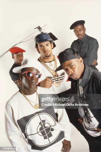 Late 1980s, New York, New York City, Public Enemy, Clockwise from bottom left: Flavor Flav, Professor Griff, Terminator X, Brother Roger, Chuck D.