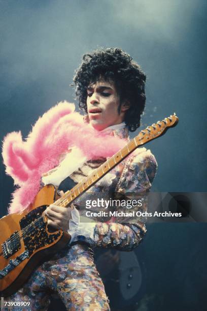 Prince performs live at the Fabulous Forum on February 19, 1985 in Inglewood, California.
