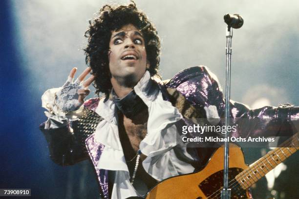 Prince performs in concert circa 1985 in Los Angeles, California.