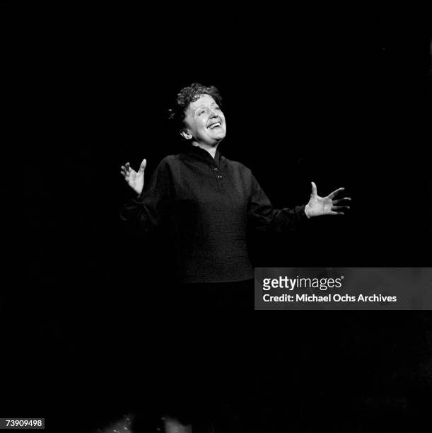 French torch singer Edith Piaf performs on the Ed Sullivan Show on February 22, 1959 in New York City, New York.