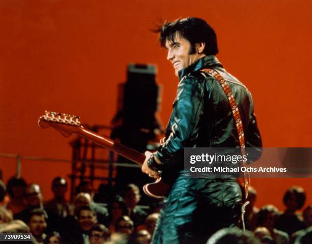 Rock and roll musician Elvis Presley performing on the Elvis comeback TV special on June 27, 1968.