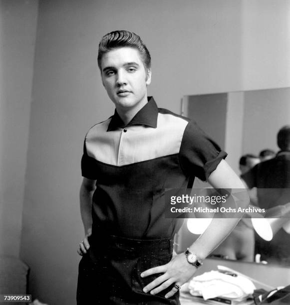 Rock and roll musician Elvis Presley backstage at the Milton Berle Show in Burbank, California on June 4, 1956.