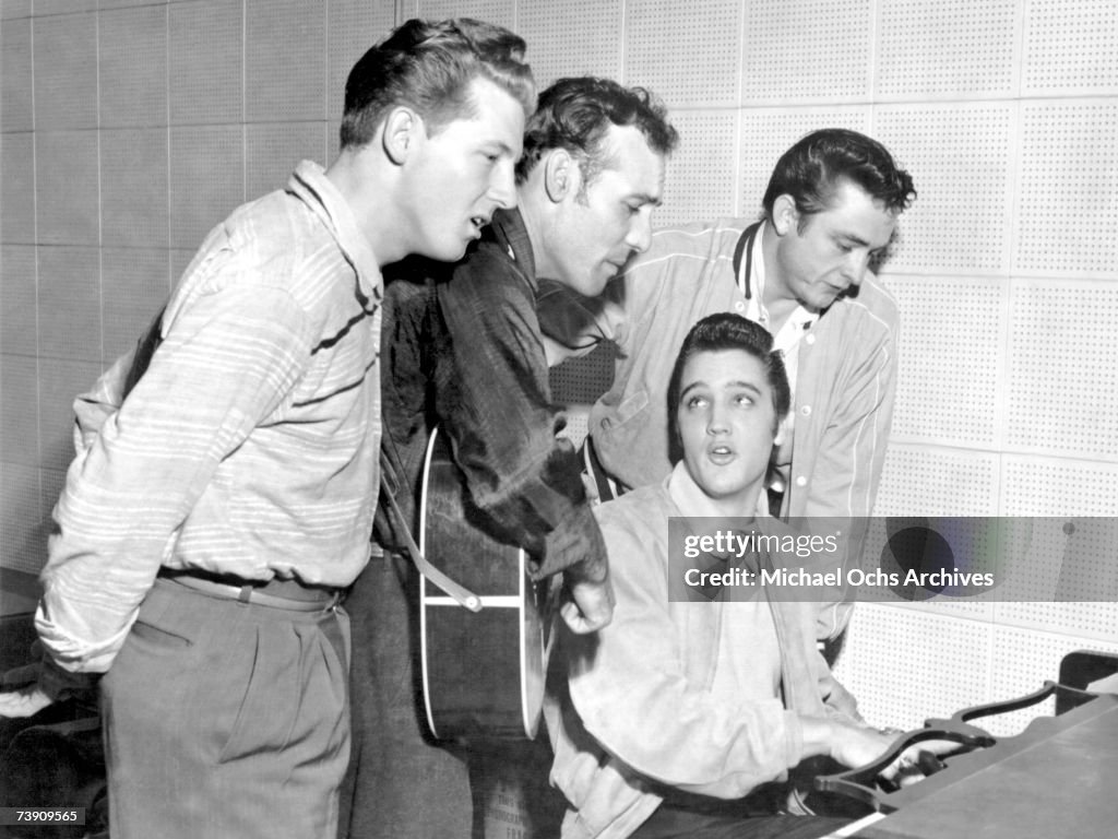 Rock and roll musicians Jerry Lee Lewis, Carl Perkins, Elvis Presley and Johnny Cash as "The Million Dollar Quartet"