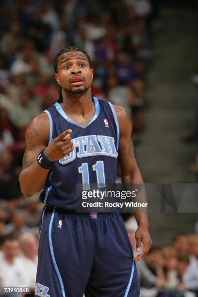 Dee Brown of the Utah Jazz walks looks on during a game against the Sacramento Kings at Arco Arena on April 6, 2007 in Sacramento, California. The...