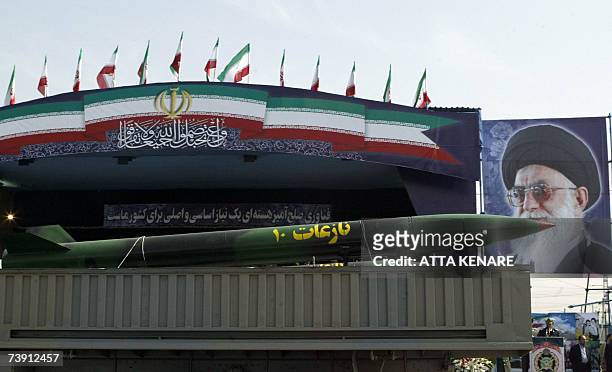 Iranian Nazeat 10 ground-to-air missile is displayed during the army day military parade, outside the mausoleum of the late founder of Islamic...
