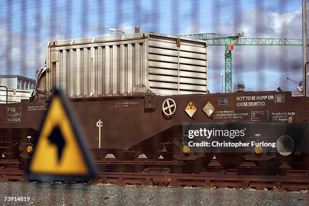 Train used for carrying protective flasks of spent uranium fuel rods sits in sidings at Sellafield nuclear plant on 18 April, 2007 in Sellafield,...