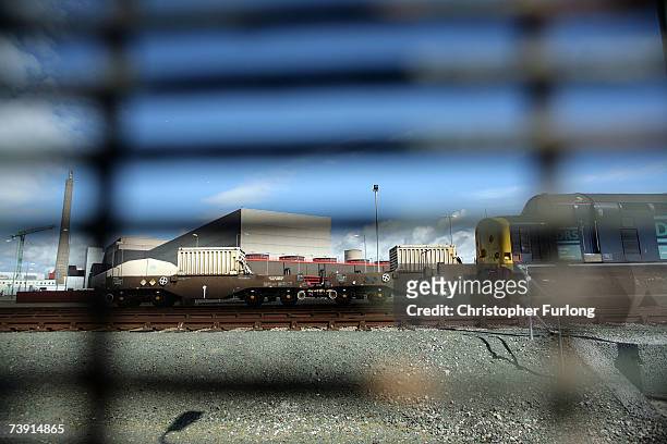 Train used for carrying protective flasks of spent uranium fuel rods sits in sidings at Sellafield nuclear plant on 18 April, 2007 in Sellafield,...