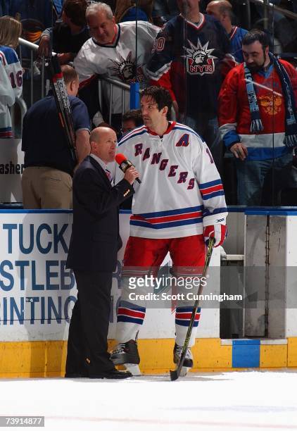 Sports reporter Darren Pang interviews Brendan Shanahan of the New York Rangers following game two of the 2007 Eastern Conference Quarterfinals...