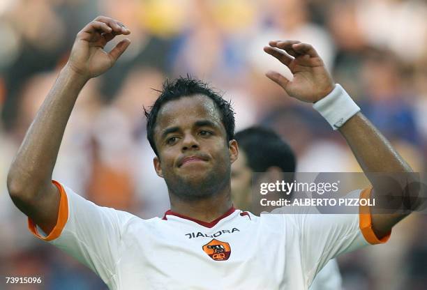 Roma midfielder Amantino Mancini of Brazil reacts after missing a goal against Inter Milan during their Italian Serie A football match at San Siro...