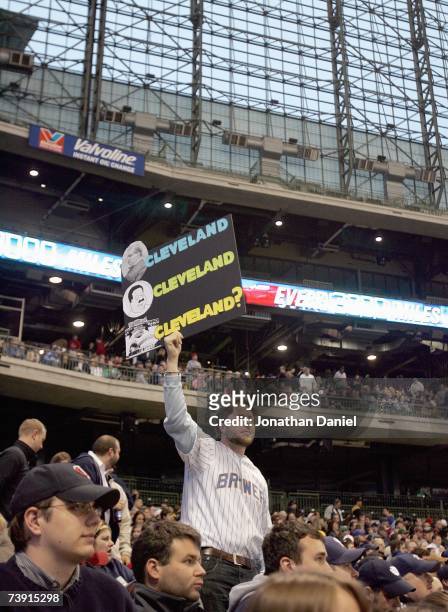 Brewers fan holds up a Cleveland Indians sign during the game against the Los Angeles Angels of Anaheim on April 10, 2007 at Miller Park in...
