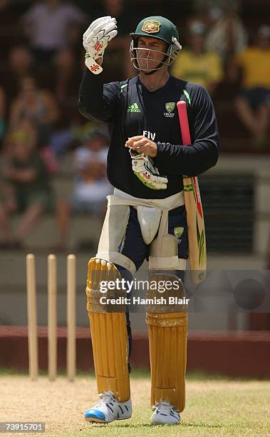 Matthew Hayden of Australia prepares to bat during training at La Sagesse Cricket Ground on April 18 in St George's, Grenada.
