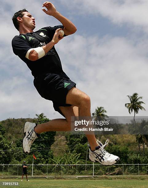 Shaun Tait of Australia bowls during training at La Sagesse Cricket Ground on April 18 in St George's, Grenada.